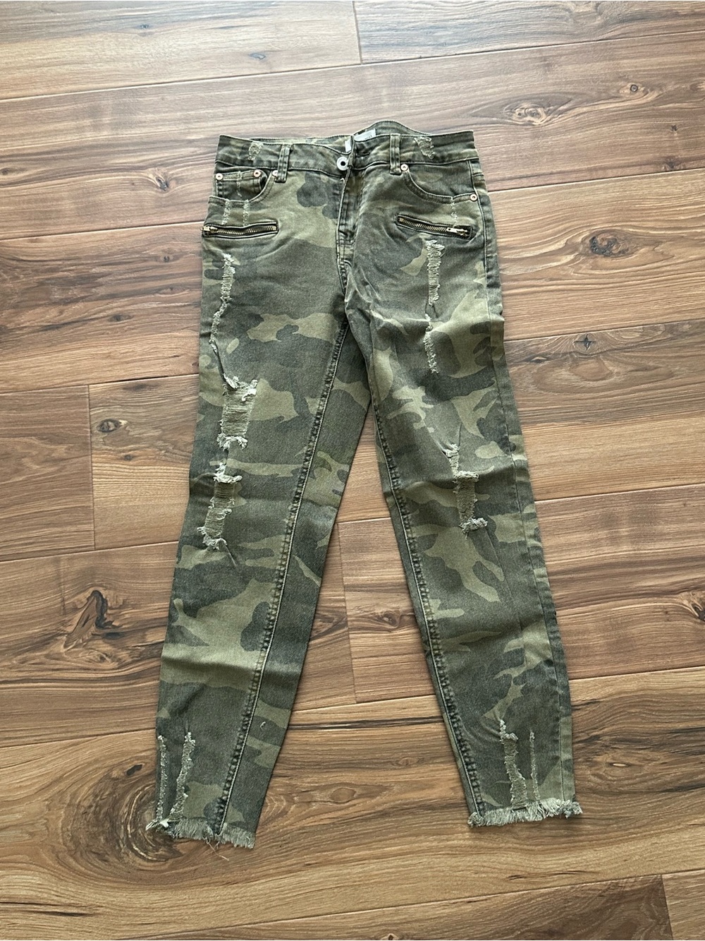 Dance & Marvel Olive Camo Distressed Skinny Jeans